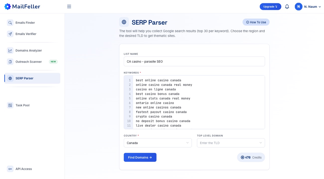 Форма SERP Parser із 30 ключами і вибраною країною Канада
