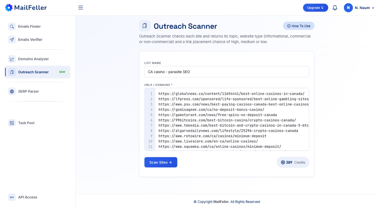 Форма Outreach Scanner зі списком URL